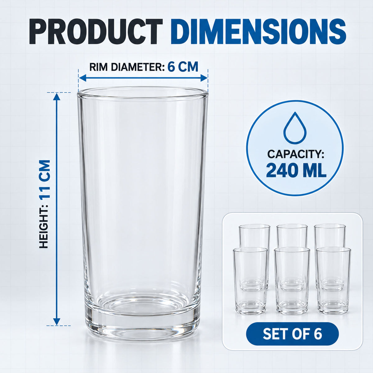 Clear Drinking Glass Tumblers with Smooth Rims and Thick Bases (240 ml, 6 Pc)