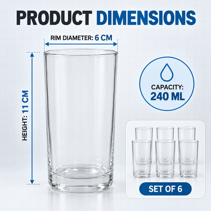 Clear Drinking Glass Tumblers with Smooth Rims and Thick Bases (240 ml, 6 Pc)
