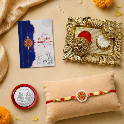 Om Rakhi Combo - Raksha Bandhan Gift with Rectangular Pooja Thali, Pack of 5 | Rakhi Gift