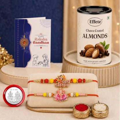 Shri Ram, Ganesha Rakhi Combo - Raksha Bandhan Gift with Choco Almonds 96gm, Pack of 6