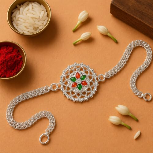 Silver Round Rakhi Combo - Raksha Bandhan Gift with Peacock Shape Pooja Thali, Pack of 6