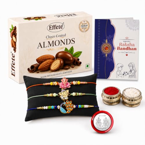 Ganesha, Peacock Rakhi Combo - Raksha Bandhan Gift with Choco Almonds 32gm, Pack of 7