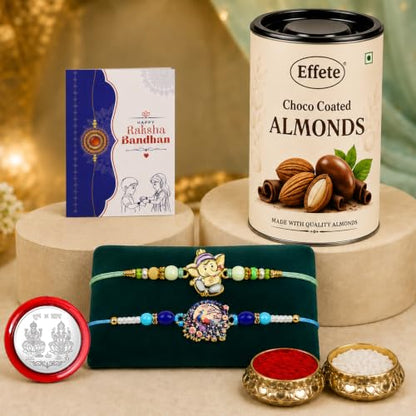Ganesha, Peacock Rakhi Combo - Raksha Bandhan Gift with Choco Almonds 96gm, Pack of 6