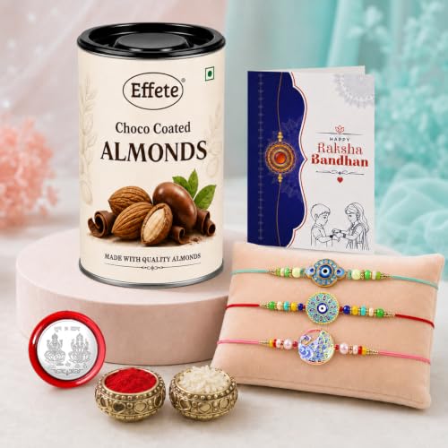 Evil Eye, Round Rakhi Combo - Raksha Bandhan Gift with Choco Almonds 96gm, Pack of 7