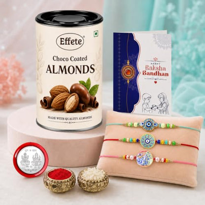 Evil Eye, Round Rakhi Combo - Raksha Bandhan Gift with Choco Almonds 96gm, Pack of 7