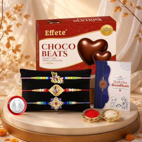Evil Eye, OM, Krishna Rakhi Combo - Raksha Bandhan Gift with Choco Beats 32gm, Pack of 7