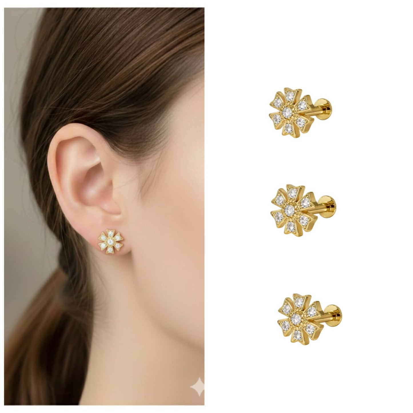 Close-up of gold floral diamond stud earrings showcasing pavé diamond sparkle