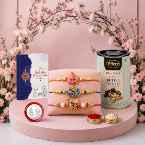 Ganesha, Peacock Rakhi Combo - Raksha Bandhan Gift with Choco Butterscotch 96gm, Pack of 7