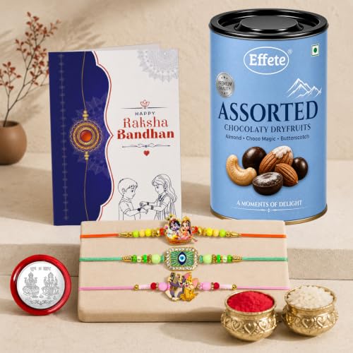 Radhe Krishna Rakhi Combo - Raksha Bandhan Gift with Assorted Choco 96gm, Pack of 7
