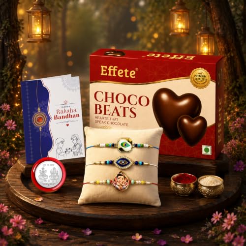 Peacock, Evil Eye Rakhi Combo - Raksha Bandhan Gift with Choco Beats 32gm, Pack of 7