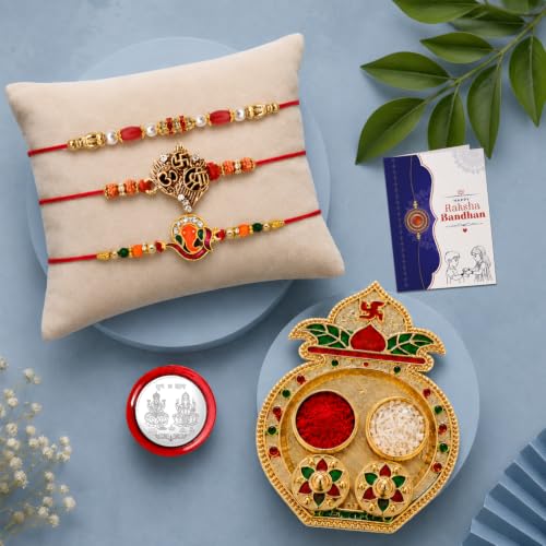 Simple Rakhi for Brother with Pooja Thali - Raksha Bandhan Gift Set, Pack of 7