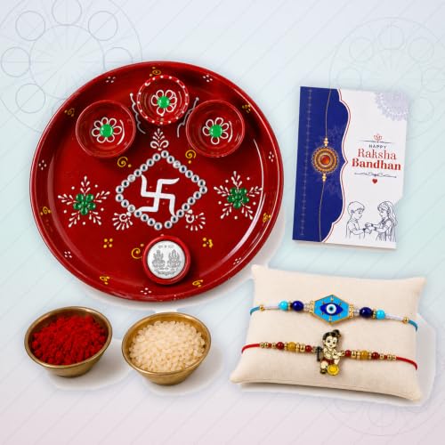 Evil Eye Rakhi Combo - Raksha Bandhan Gift with Decorated Pooja Thali, Pack of 6