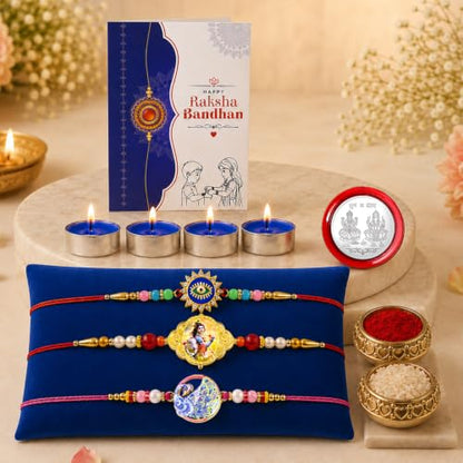 Evil Eye, Krishna Rakhi Combo - Raksha Bandhan Gift with Tealight Candles 4pcs, Pack of 7