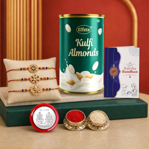 Square Rakhi for Brother with Kulfi Almonds - Raksha Bandhan Gift Set, Pack of 7