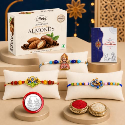 Khatu Shyam, Trishul Rakhi Combo - Raksha Bandhan Gift with Choco Almonds 32gm, Pack of 7