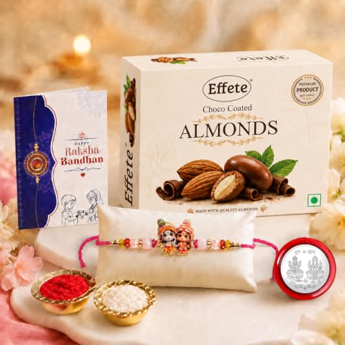 Krishna Radha Rakhi Combo - Raksha Bandhan Gift with Choco Almonds 32gm, Pack of 5