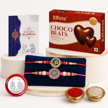 Om, Round Floral Lotus Rakhi Combo - Raksha Bandhan Gift with Choco Beats 32gm, Pack of 6