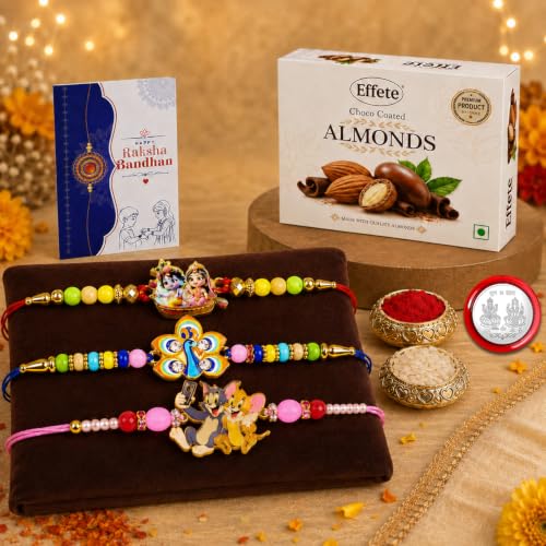 Radhe Krishna Rakhi Combo - Raksha Bandhan Gift with Choco Almonds 32gm, Pack of 7
