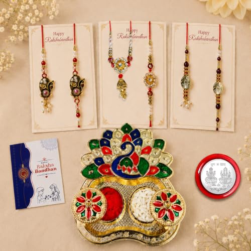Rakhi for Brother with Peacock Pooja Thali - Raksha Bandhan Gift, Pack of 7