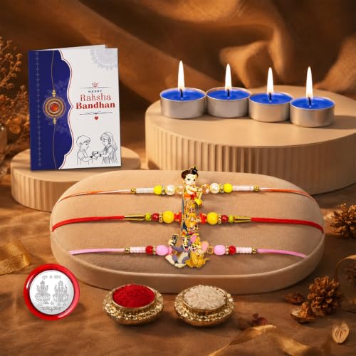 Ganesha Rakhi Combo - Raksha Bandhan Gift with Tealight Candles 4pcs, Pack of 7 for Bhaiya