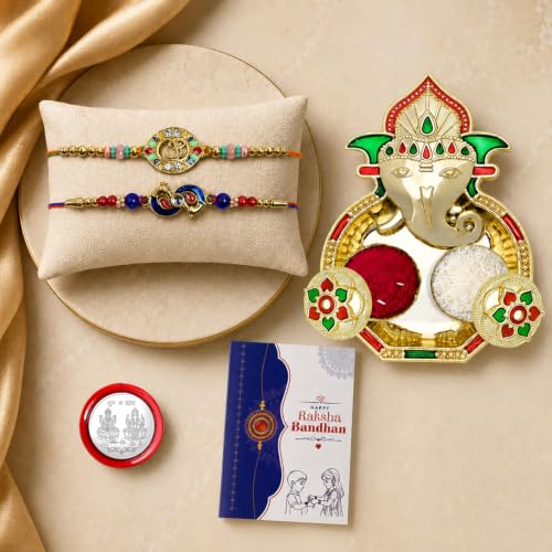 Om, Peacock Rakhi Combo - Raksha Bandhan Gift with Shri Ganesh Pooja Thali, Pack of 6