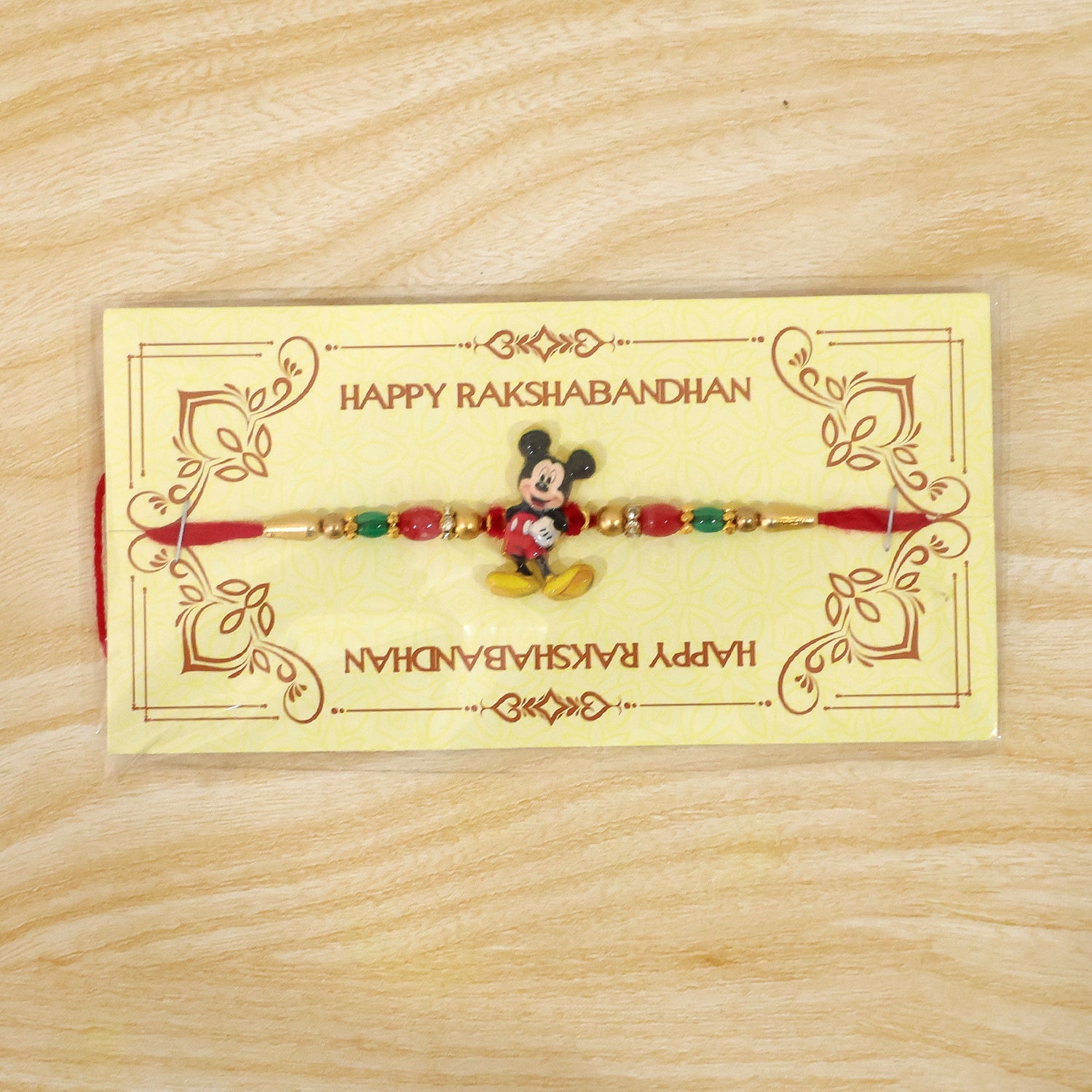 Mickey Mouse Kids Rakhi Pearls Golden Beads Red Thread (5pcs)