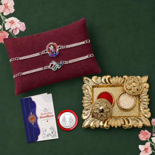 Krishna, Peacock Rakhi Combo - Raksha Bandhan Gift with Rectangular Pooja Thali, Pack of 6