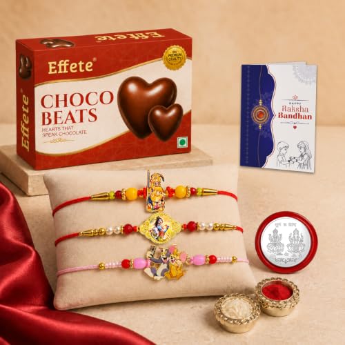 Ganesha, Krishna Rakhi Combo - Raksha Bandhan Gift with Choco Beats 32gm, Pack of 7