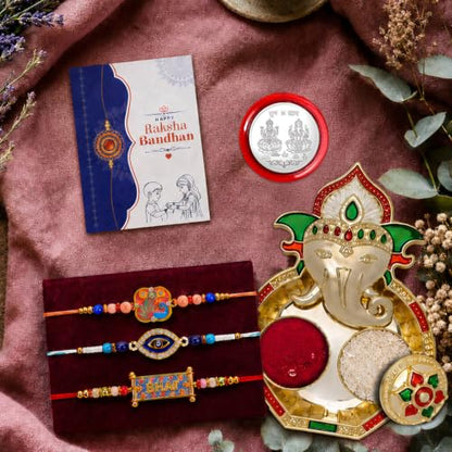 Rakhi for Brother with Ganesh Pooja Thali - Raksha Bandhan Gift Set, Pack of 7