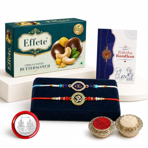 Evil Eye, Om Rakhi Combo - Raksha Bandhan Gift with Choco Butterscotch 32gm, Pack of 6