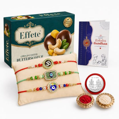 Evil Eye, Om Rakhi Combo - Raksha Bandhan Gift with Choco Butterscotch 32gm, Pack of 7