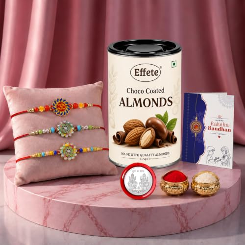 Om, Round Shape Rakhi Combo - Raksha Bandhan Gift with Choco Almonds 96gm, Pack of 7
