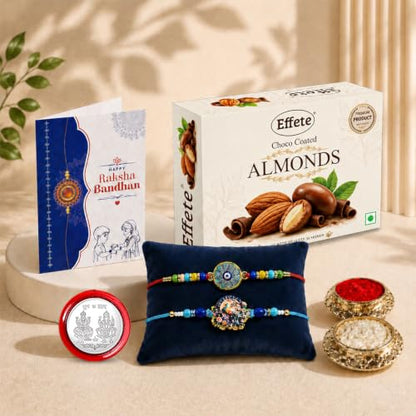Evil Eye, Peacock Rakhi Combo - Raksha Bandhan Gift with Choco Almonds 32gm, Pack of 6