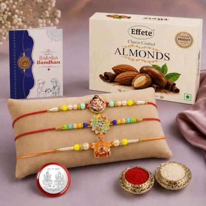 Swami Maharaj Rakhi Combo - Raksha Bandhan Gift with Choco Almonds 32gm, Pack of 7