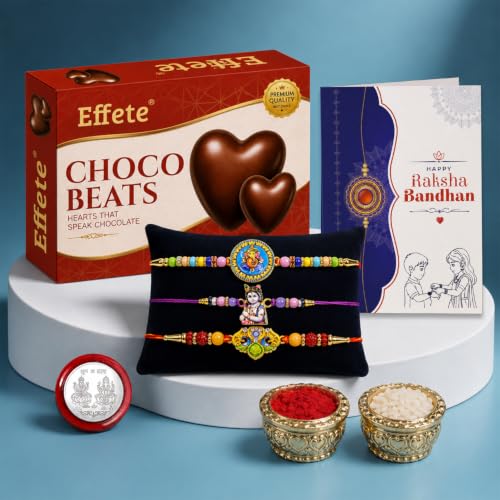 Ganesh, Krishna Rakhi Combo - Raksha Bandhan Gift with Choco Beats 32gm, Pack of 7