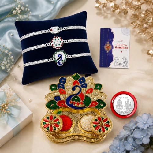 Close up of a multicolour designer rakhi from the Raksha Bandhan gift set, crafted with premium threads.