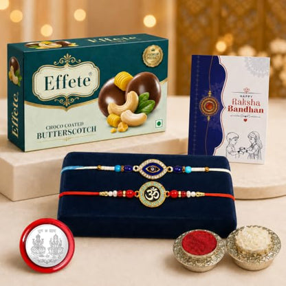 Evil Eye, Om Rakhi Combo - Raksha Bandhan Gift with Choco Butterscotch 32gm, Pack of 6