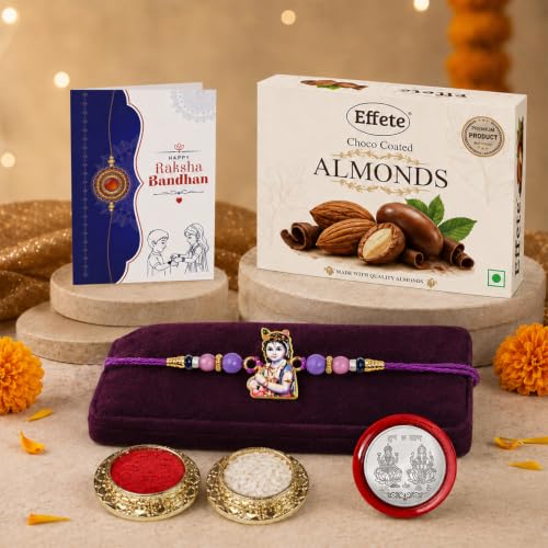 Krishna Rakhi Combo - Raksha Bandhan Gift with Choco Almonds 32gm, Pack of 5 | Rakhi Gift