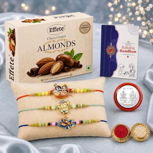 Radhe Krishna Rakhi Combo - Raksha Bandhan Gift with Choco Almonds 32gm, Pack of 7