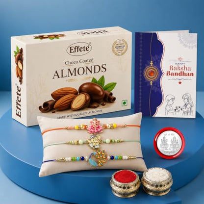 Ganesha, Peacock Rakhi Combo - Raksha Bandhan Gift with Choco Almonds 32gm, Pack of 7
