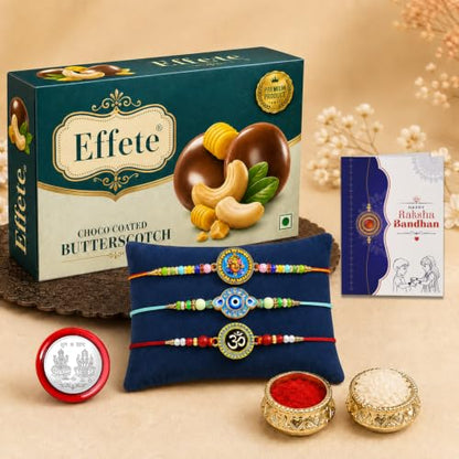 Ganesh, Evil Eye Rakhi Combo - Raksha Bandhan Gift with Choco Butterscotch 32gm, Pack of 7