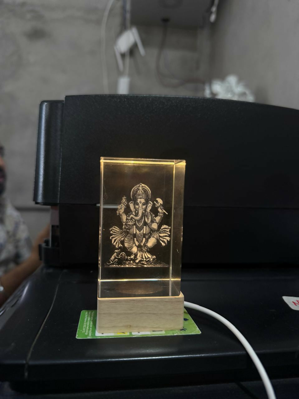 Premium 3D Acrylic LED Lord Ganesha Lamp with Wooden Base | Divine Ganpati Night Light for Home Temple, Office & Spiritual Decor | Engraved Crystal Glass Cube Light for Gifting & Festive Decoration