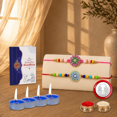 Evil Eye Rakhi Combo - Raksha Bandhan Gift with Tealight Candles 4pcs, Pack of 6