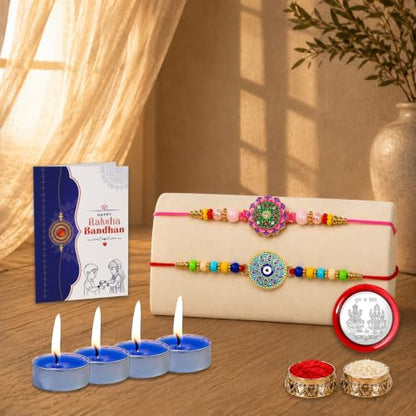 Evil Eye Rakhi Combo - Raksha Bandhan Gift with Tealight Candles 4pcs, Pack of 6
