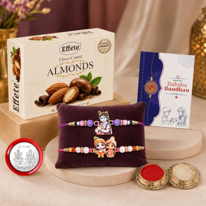 Krishna Radha Rakhi Combo - Raksha Bandhan Gift with Choco Almonds 32gm, Pack of 6