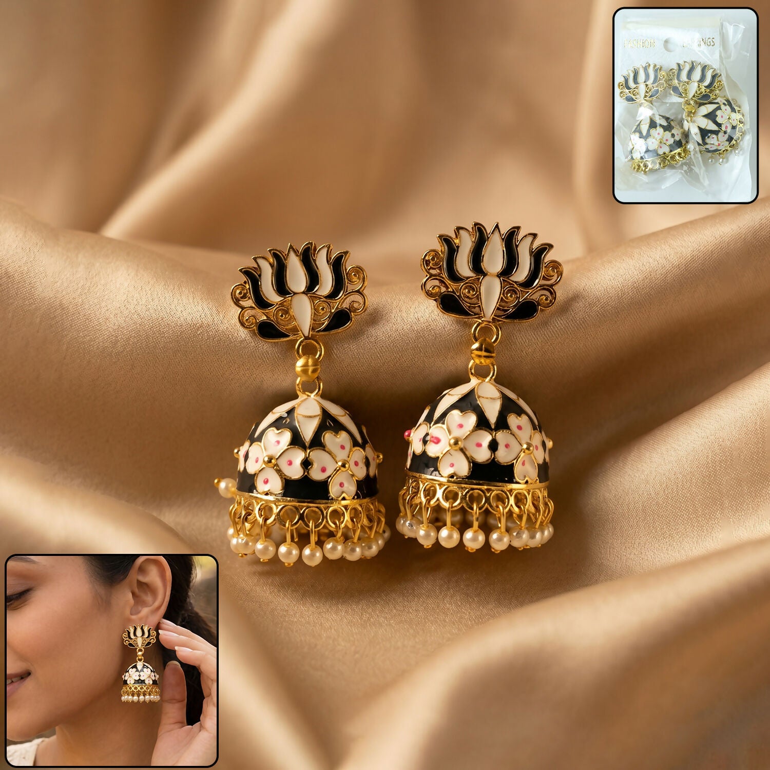 Grey Lotus Jhumka Earrings with Pearl Beads for Women