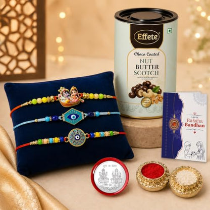 Radhe Krishna Rakhi Combo - Raksha Bandhan Gift with Choco Butterscotch 96gm, Pack of 7