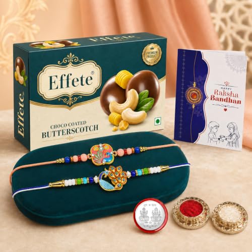 Peacock Rakhi Combo - Raksha Bandhan Gift with Choco Butterscotch 32gm, Pack of 6