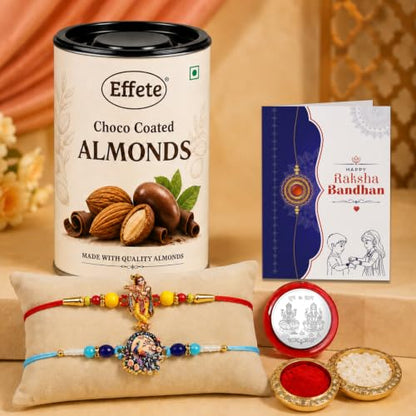 Krishna, Peacock Rakhi Combo - Raksha Bandhan Gift with Choco Almonds 96gm, Pack of 6