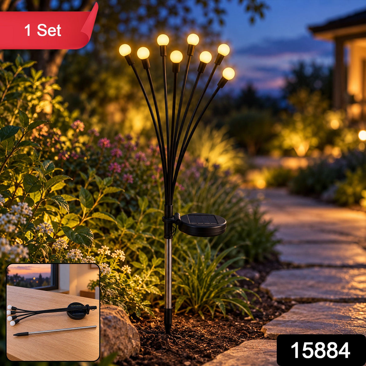 A solar firefly light with eight glowing orbs illuminates a garden path at dusk, with an inset showing disassembled – view 10